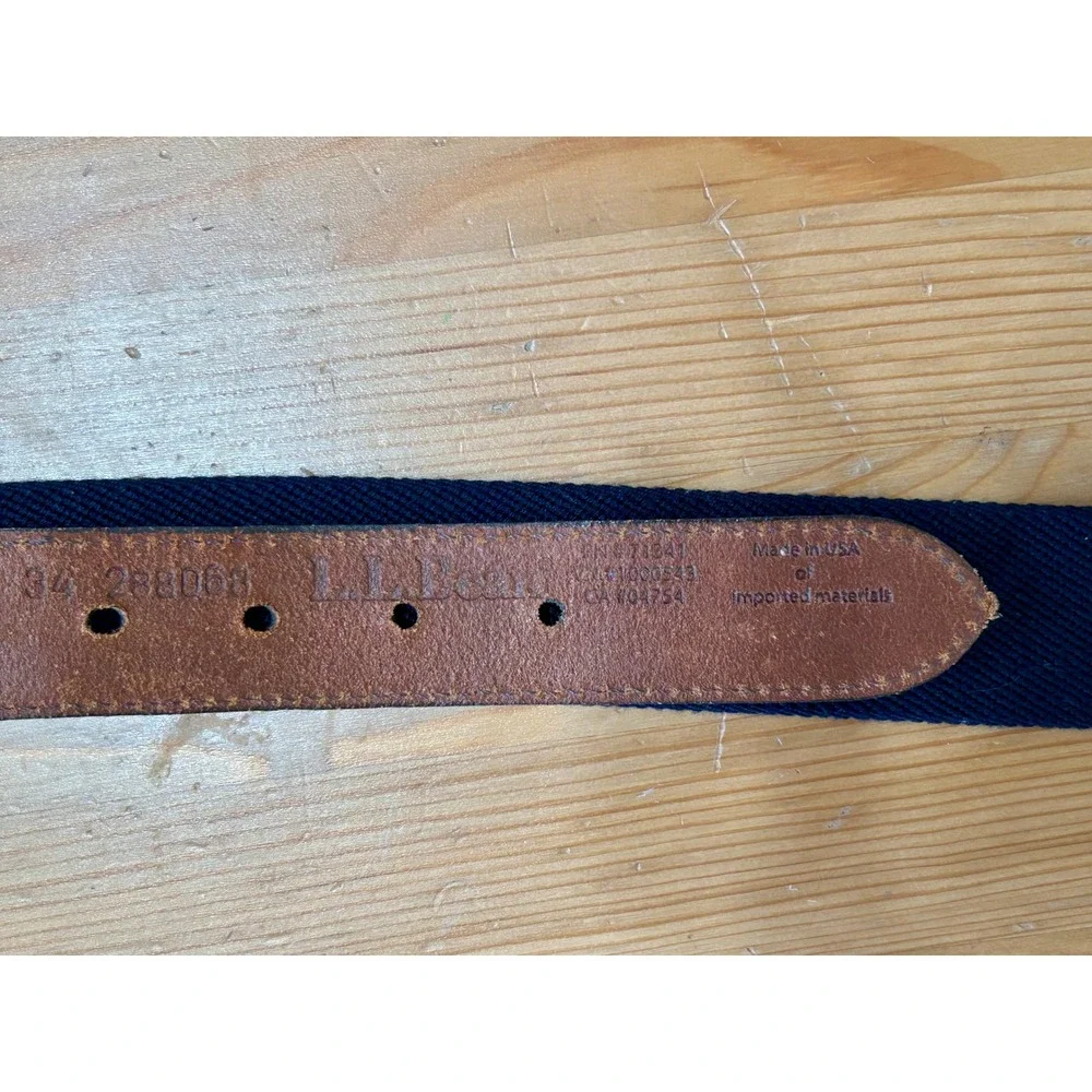 LL Bean Men Navy Blue Webbing Leather Belt Brass Buckle Sz 34 Classic Hertiage
